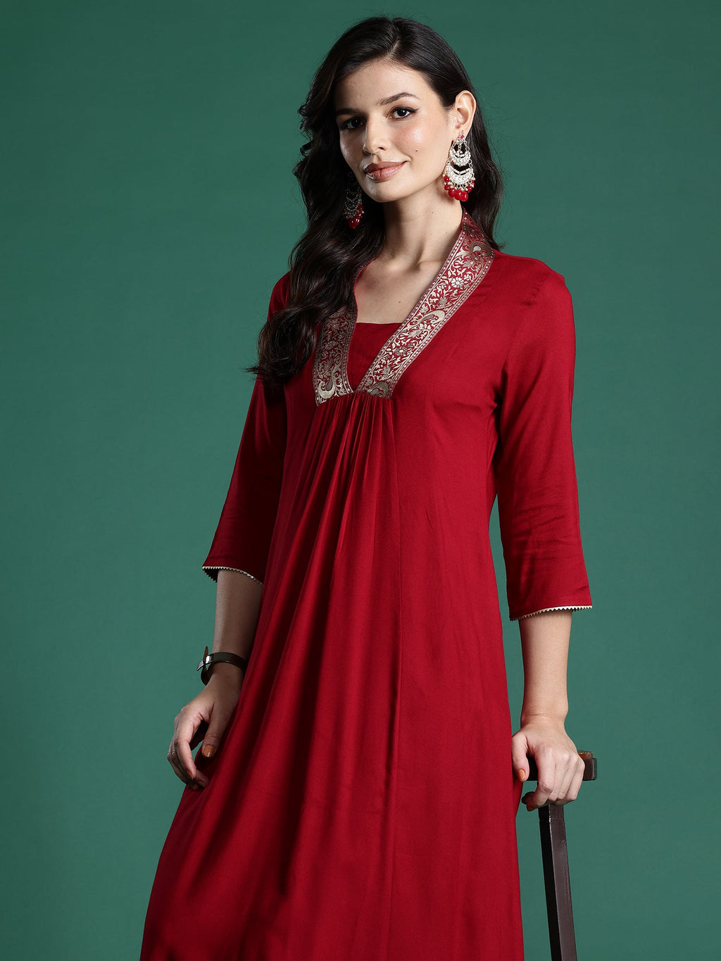 Indo Era Maroon Woven Design A-Line Kurta Trousers Set | Grocsy