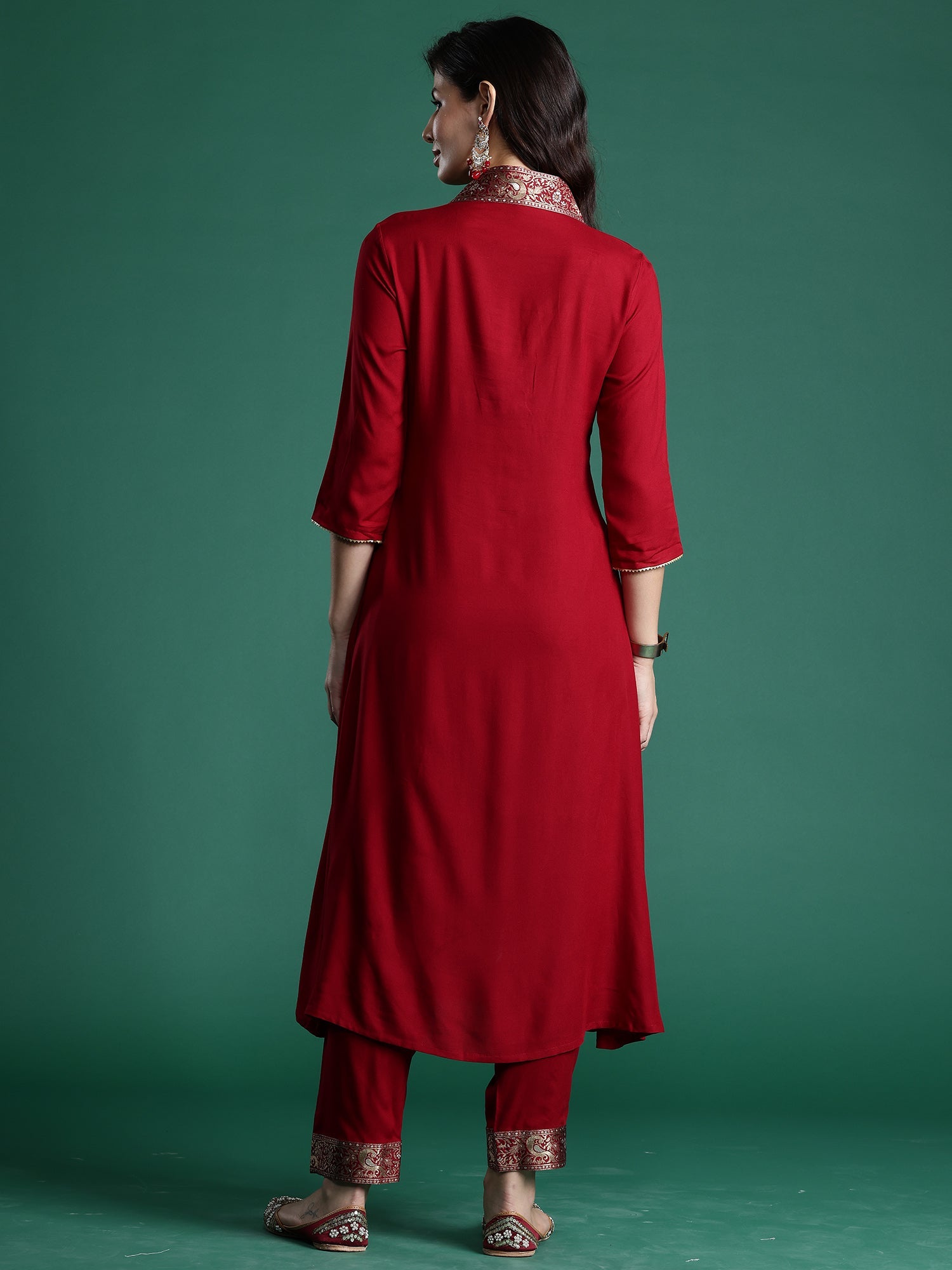 Indo Era Maroon Woven Design A-Line Kurta Trousers Set | Grocsy