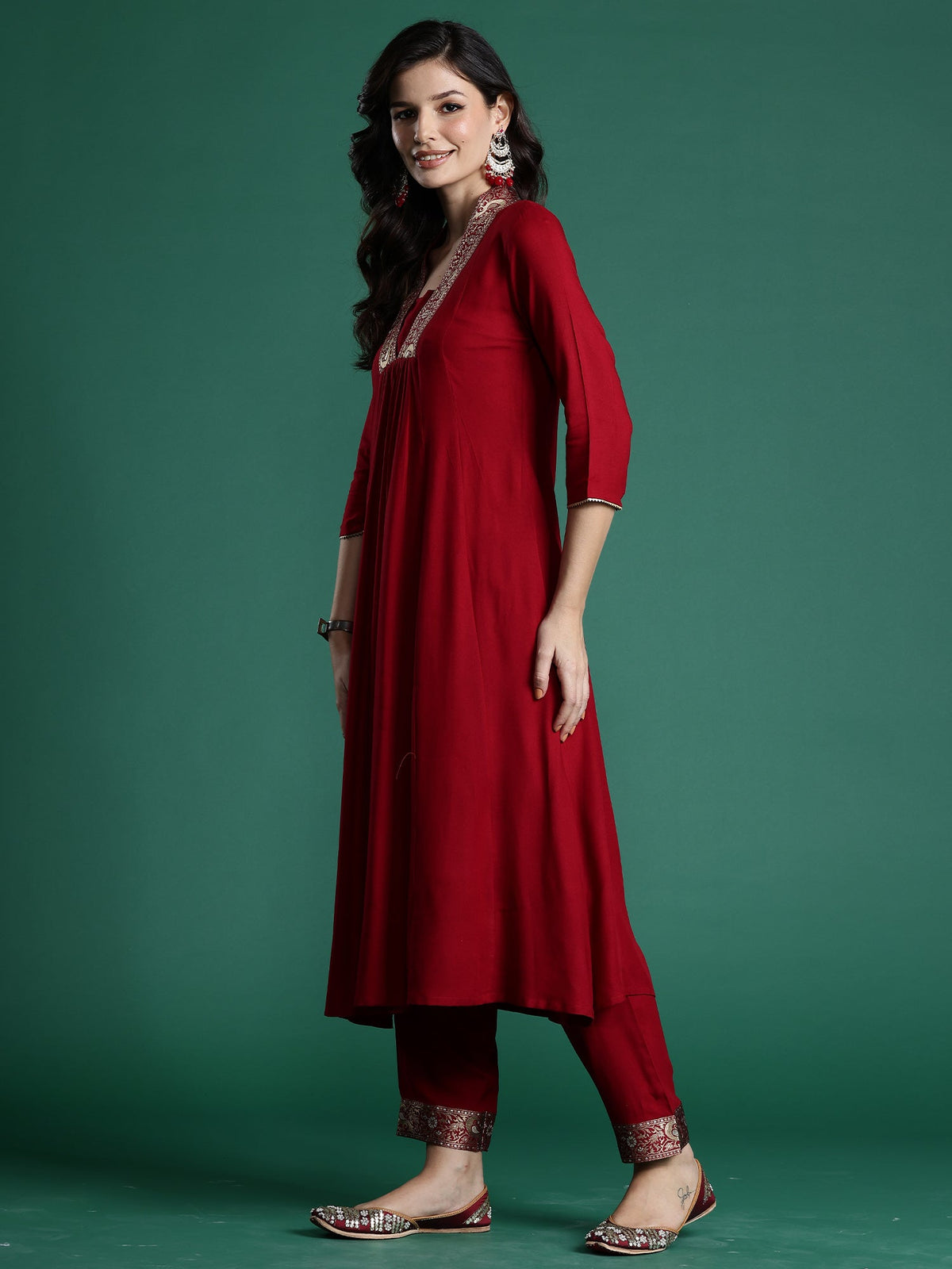 Indo Era Maroon Woven Design A-Line Kurta Trousers Set | Grocsy