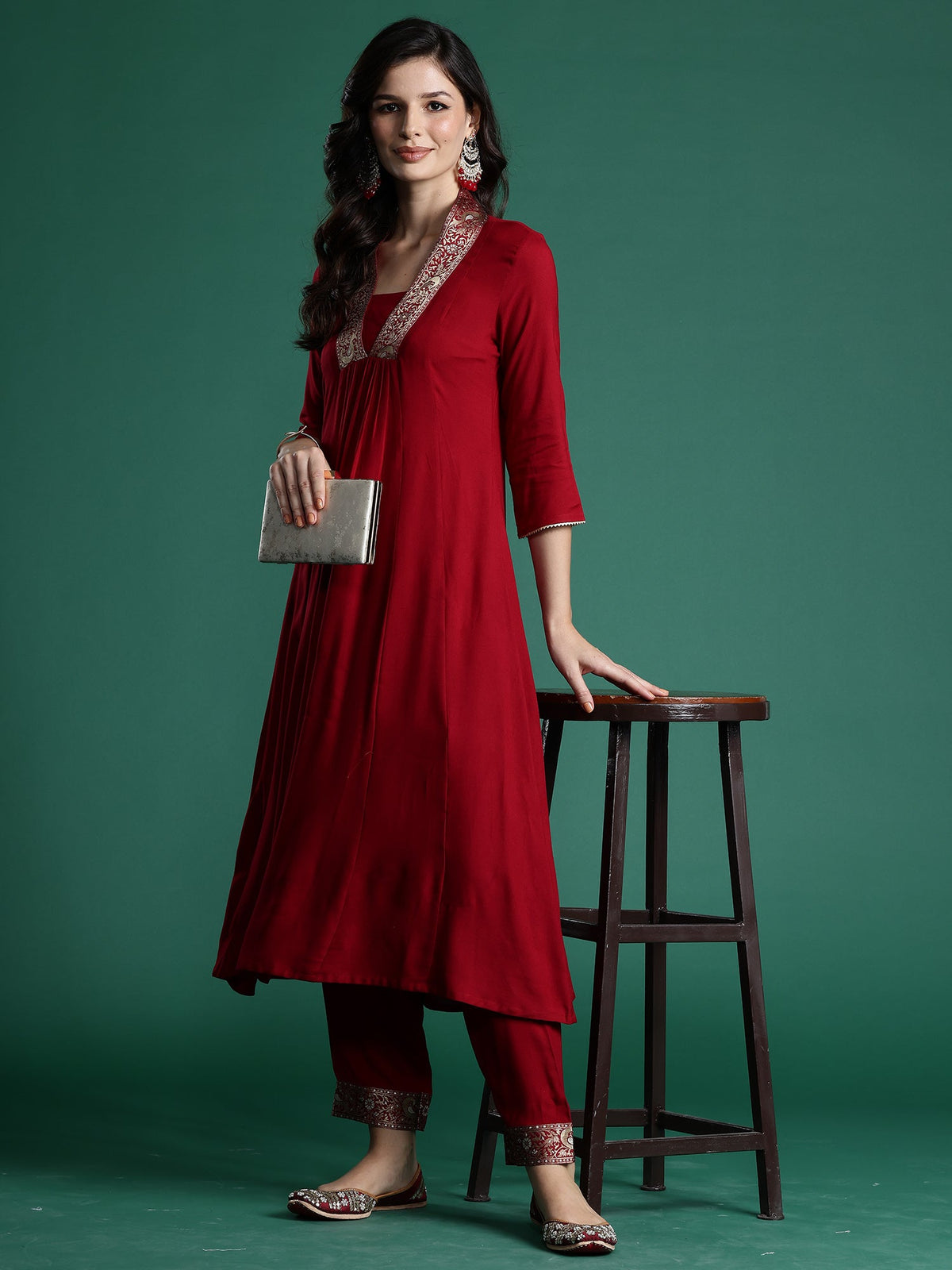 Indo Era Maroon Woven Design A-Line Kurta Trousers Set | Grocsy