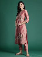 Indo Era Peach Embroidered Straight Kurta Trousers set | Grocsy