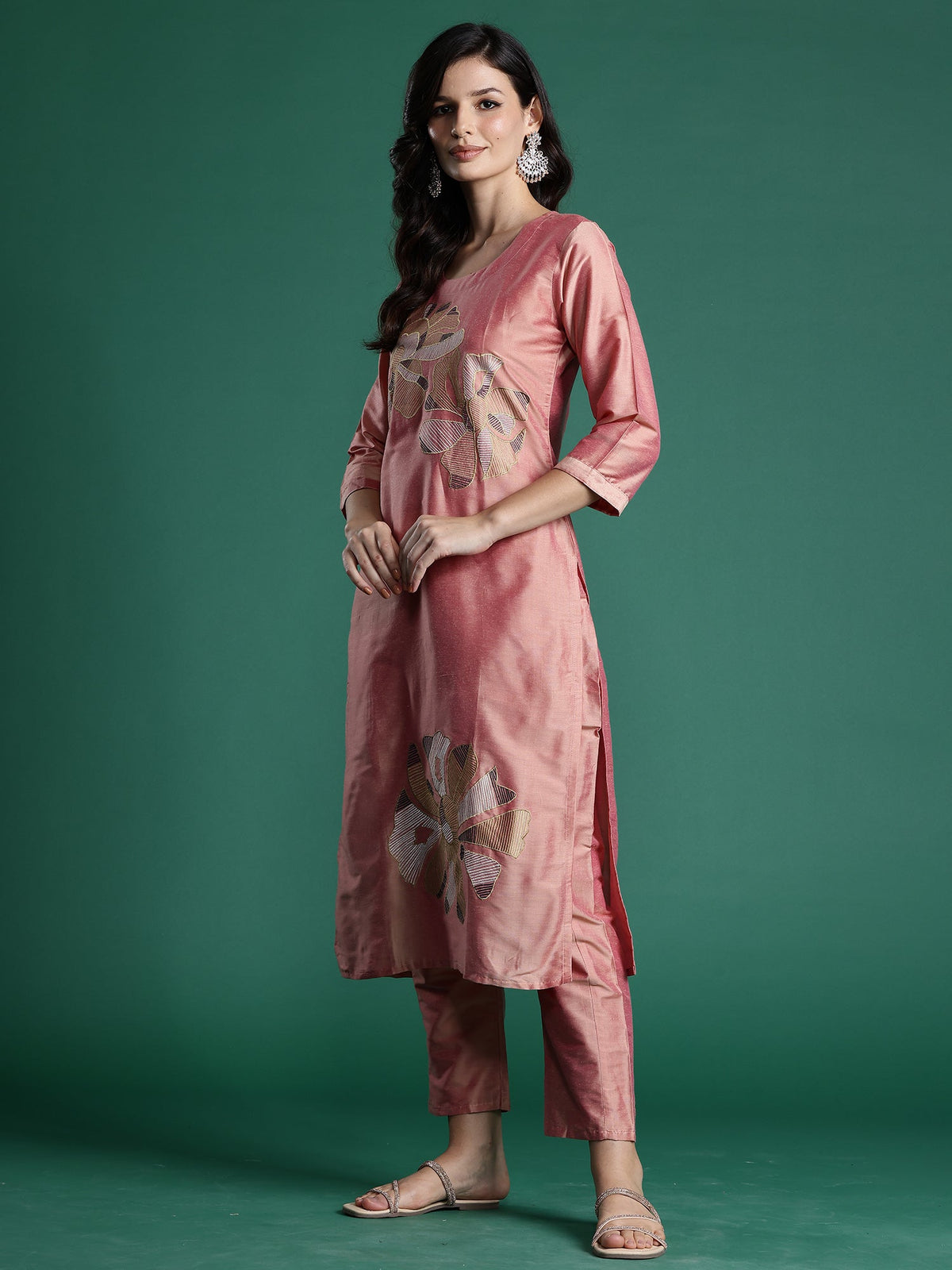 Indo Era Peach Embroidered Straight Kurta Trousers set | Grocsy