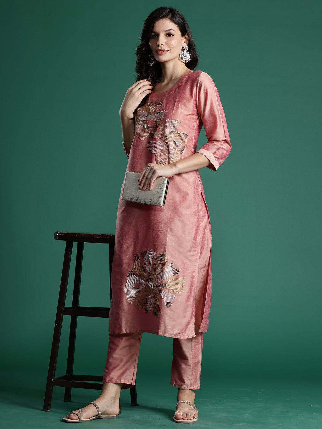 Indo Era Peach Embroidered Straight Kurta Trousers set | Grocsy