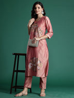 Indo Era Peach Embroidered Straight Kurta Trousers set | Grocsy