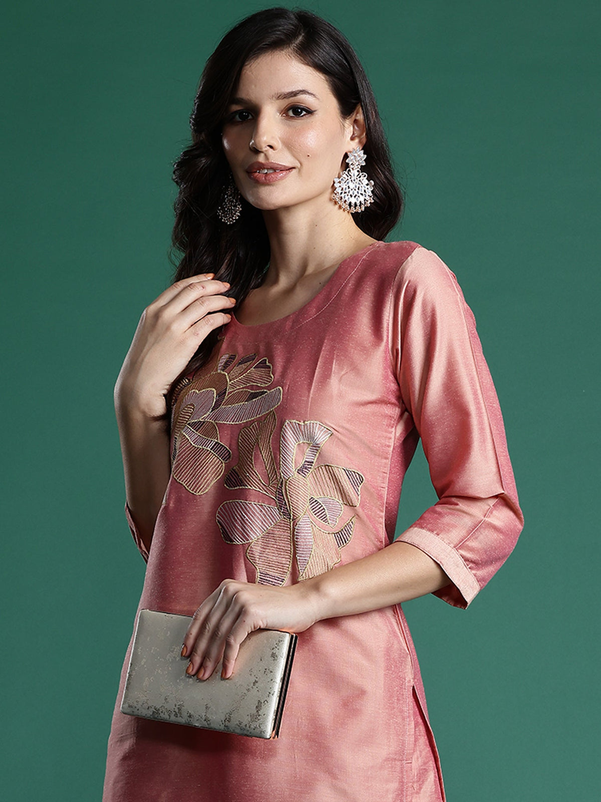 Indo Era Peach Embroidered Straight Kurta Trousers set | Grocsy