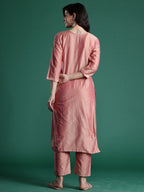 Indo Era Peach Embroidered Straight Kurta Trousers set | Grocsy