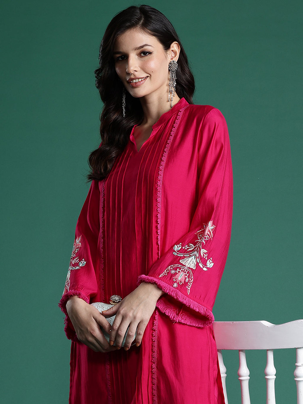 Indo Era Pink Self Design Straight Kurta Trousers set | Grocsy
