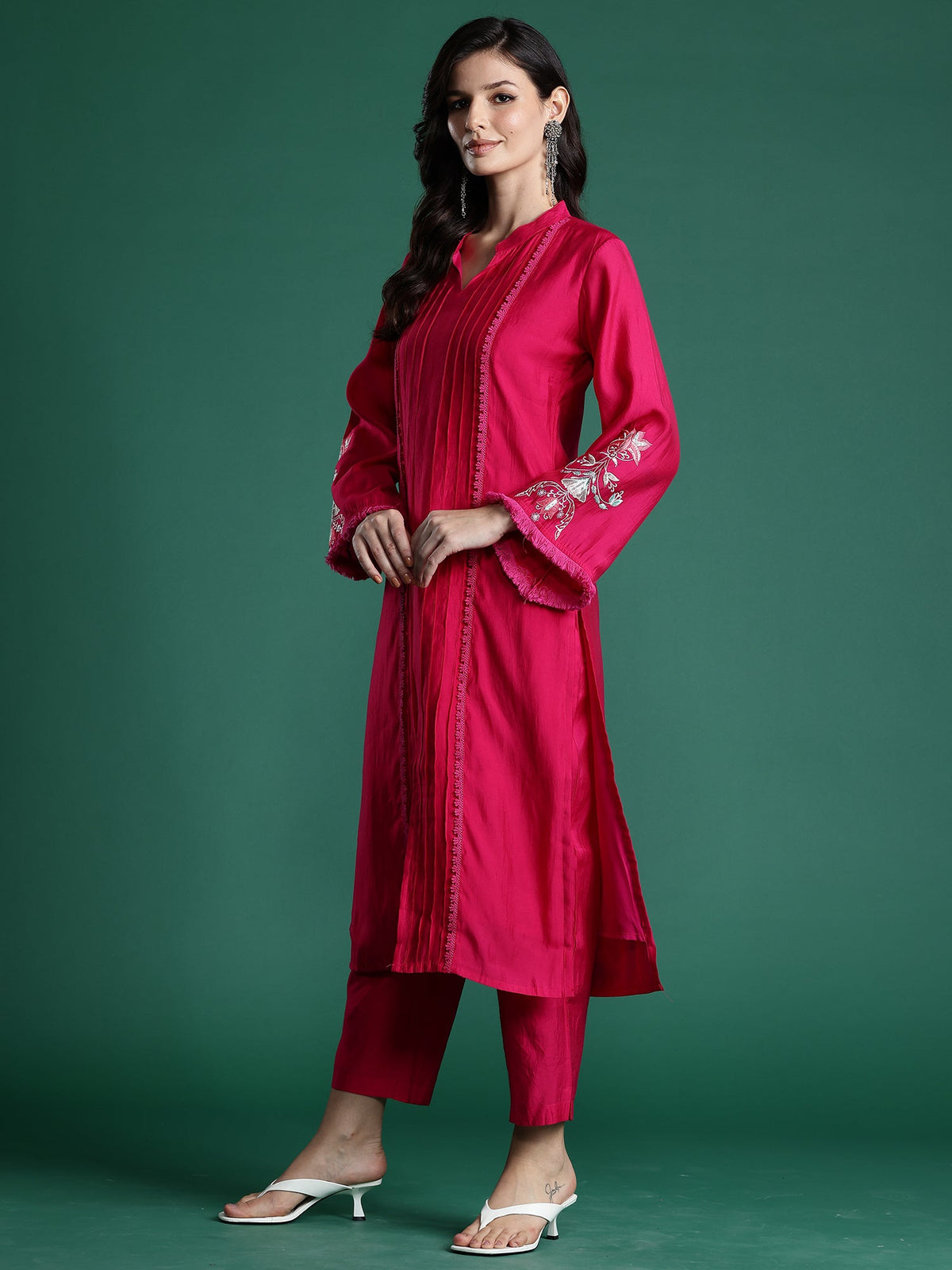 Indo Era Pink Self Design Straight Kurta Trousers set | Grocsy
