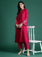 Indo Era Pink Self Design Straight Kurta Trousers set | Grocsy