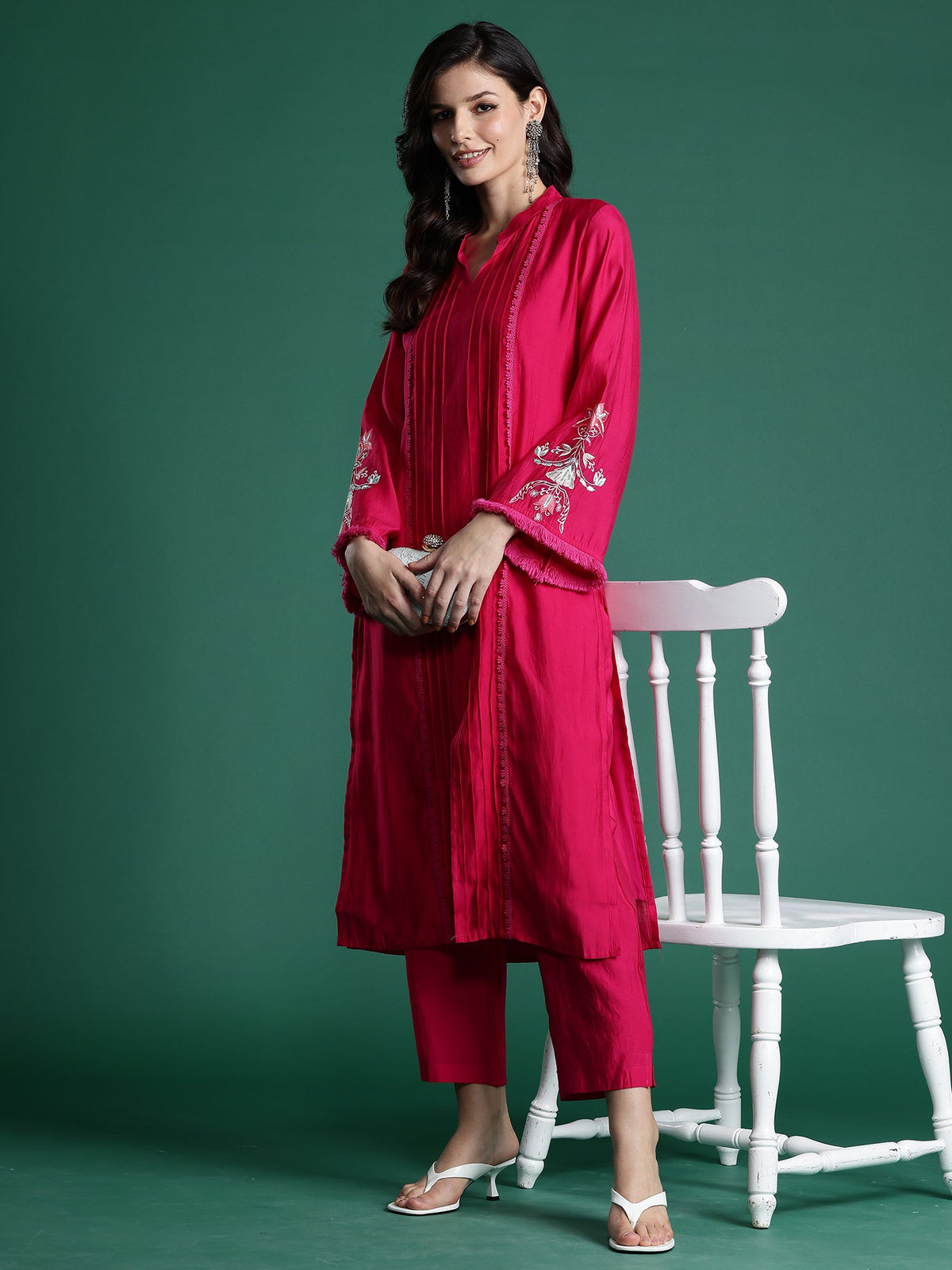 Indo Era Pink Self Design Straight Kurta Trousers set | Grocsy
