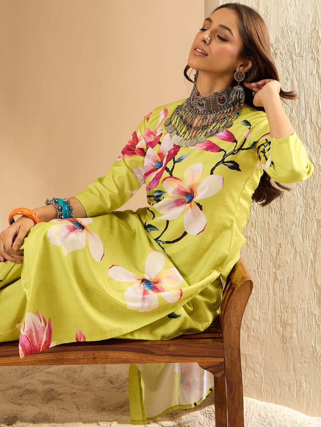 Indo Era Olive Printed Straight Kurta Trousers Set | Grocsy