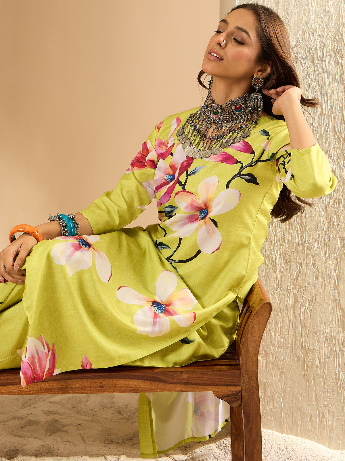 Indo Era Olive Printed Straight Kurta Trousers Set | Grocsy
