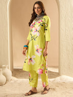 Indo Era Olive Printed Straight Kurta Trousers Set | Grocsy