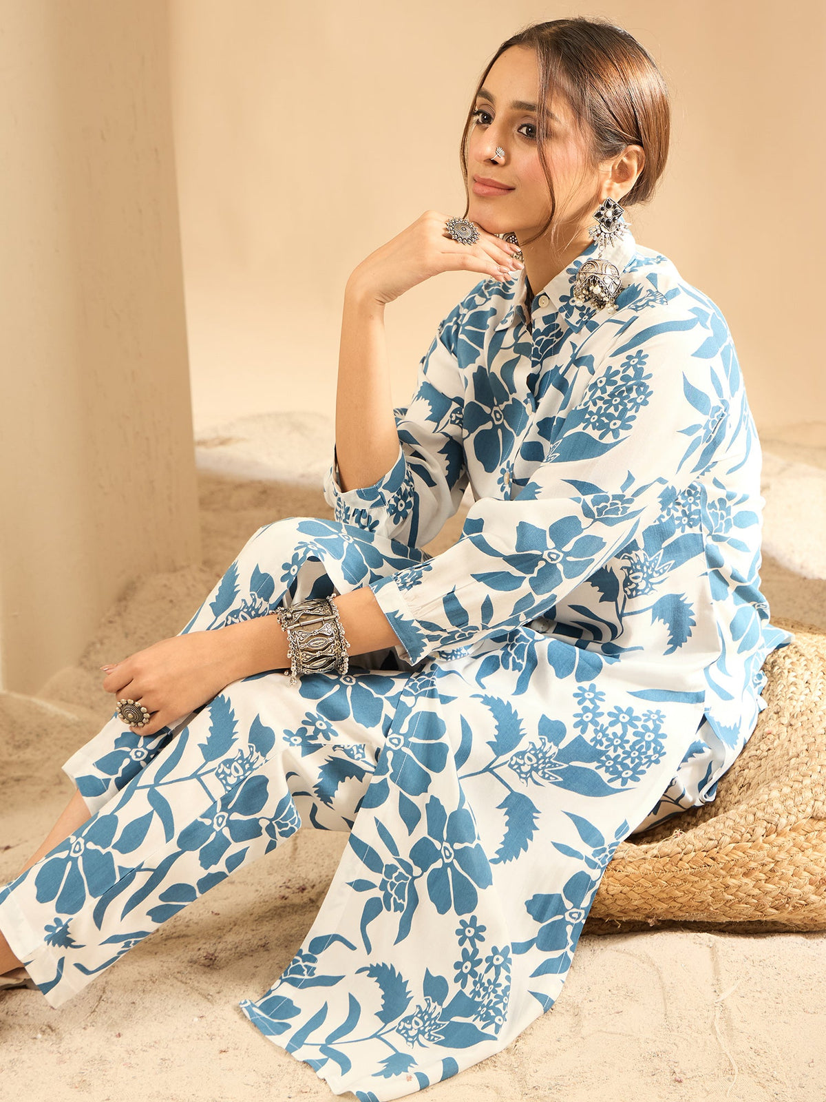 Indo Era White Printed Straight Kurta Trousers set | Grocsy