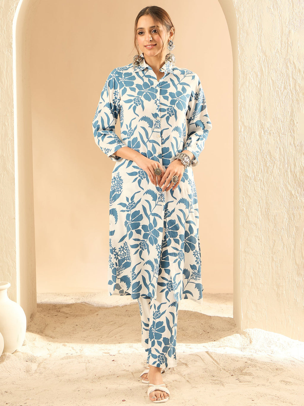 Indo Era White Printed Straight Kurta Trousers set | Grocsy