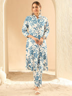 Indo Era White Printed Straight Kurta Trousers set | Grocsy