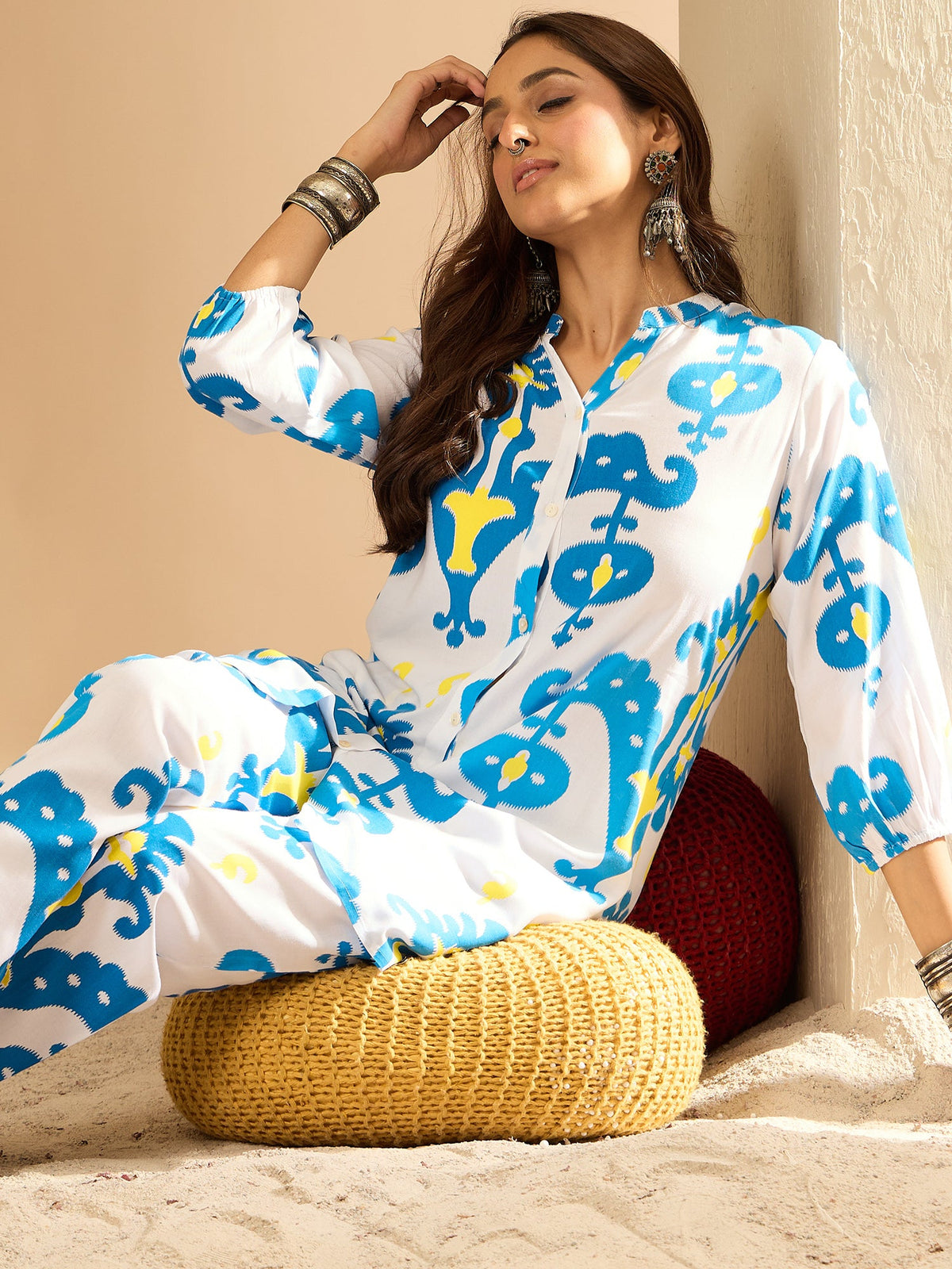 Indo Era White Printed Straight Kurta Trousers set | Grocsy