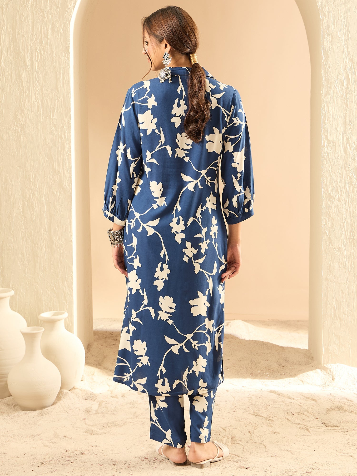 Indo Era Blue Printed Straight Kurta Trousers set | Grocsy
