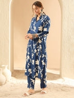 Indo Era Blue Printed Straight Kurta Trousers set | Grocsy