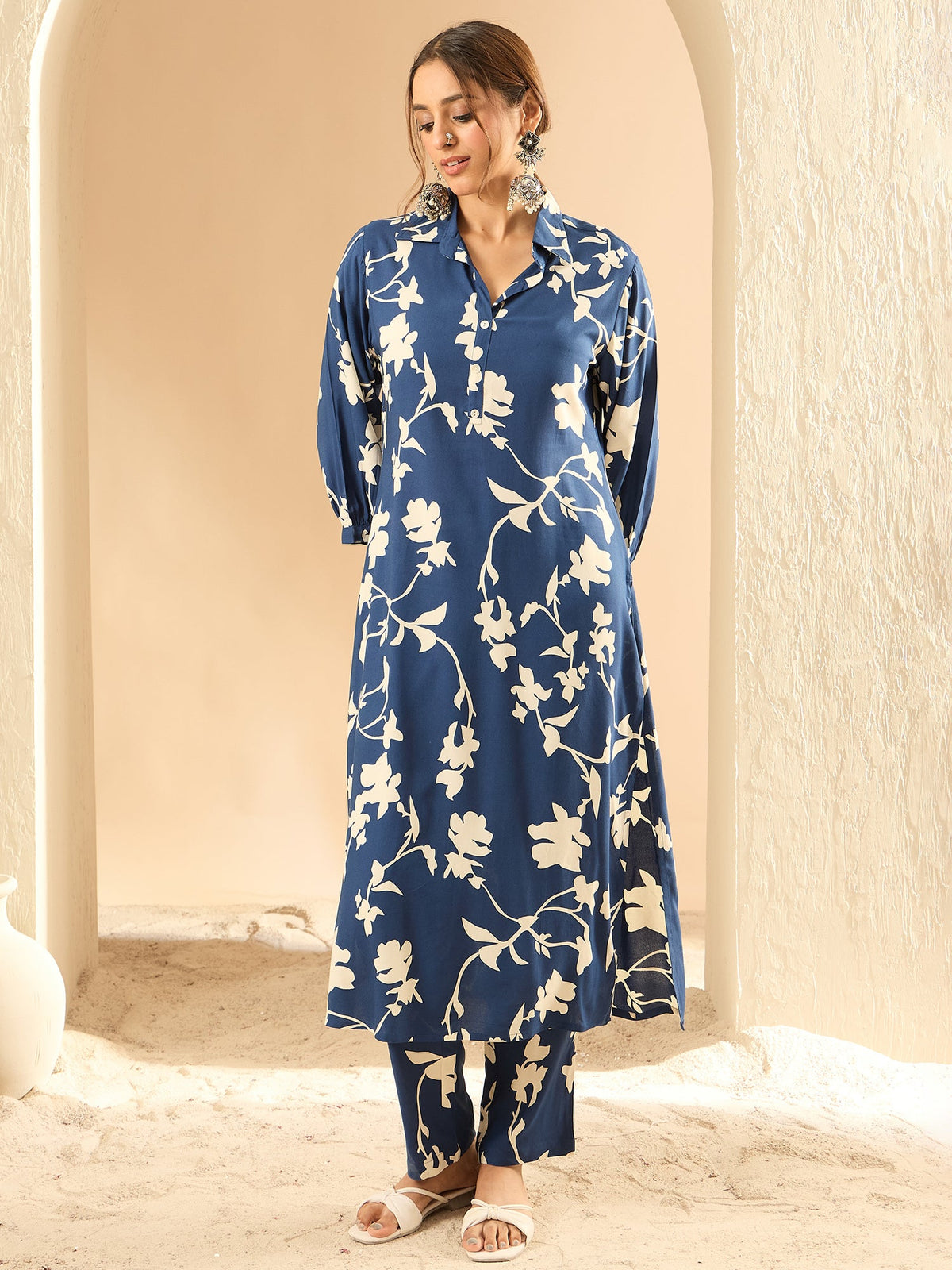 Indo Era Blue Printed Straight Kurta Trousers set | Grocsy