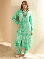 Indo Era Green Printed Straight Kurta Trousers set | Grocsy