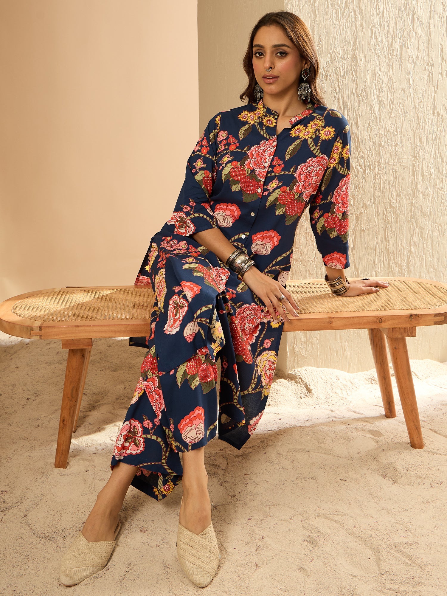 Indo Era Blue Printed Straight Kurta Palazzos Set | Grocsy
