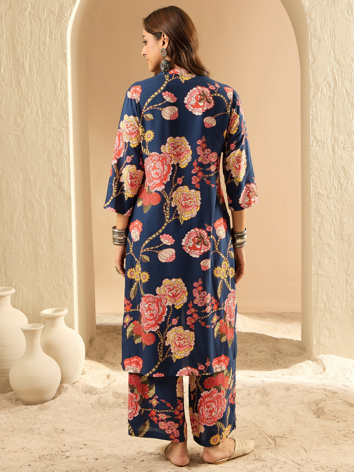 Indo Era Blue Printed Straight Kurta Palazzos Set | Grocsy