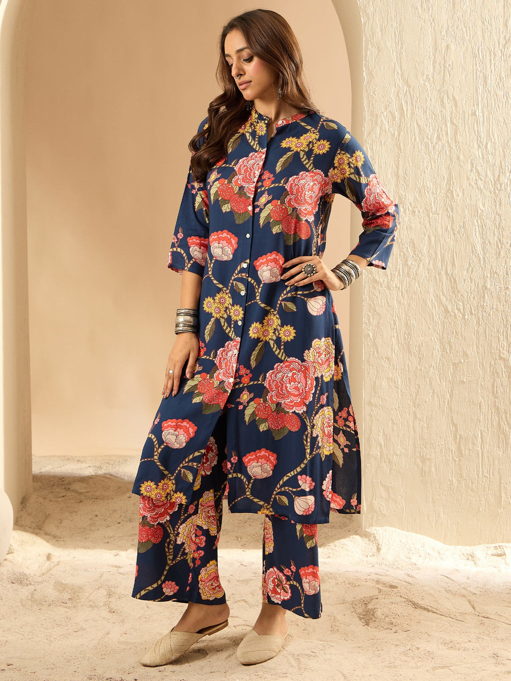 Indo Era Blue Printed Straight Kurta Palazzos Set | Grocsy