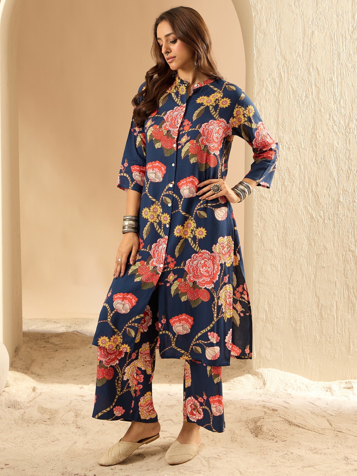 Indo Era Blue Printed Straight Kurta Palazzos Set | Grocsy