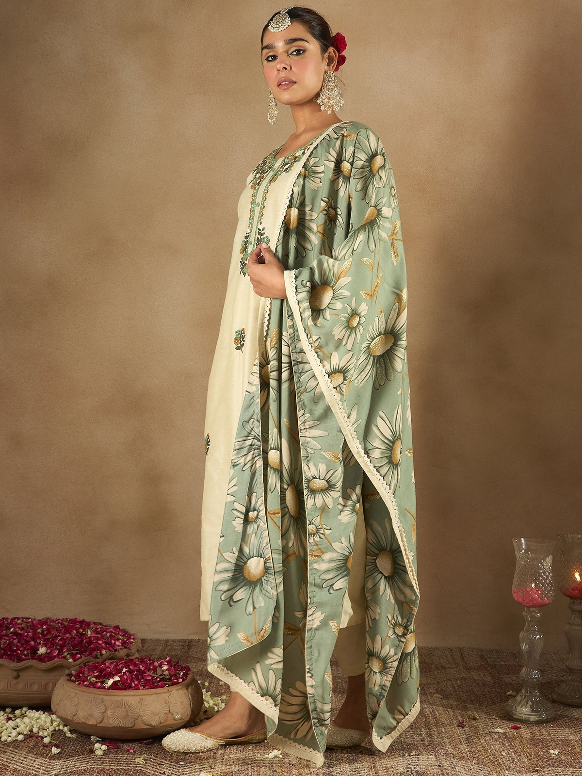 Indo Era Cream Embroidered Straight Kurta Trousers With Dupatta Set | Grocsy