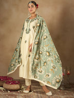 Indo Era Cream Embroidered Straight Kurta Trousers With Dupatta Set | Grocsy