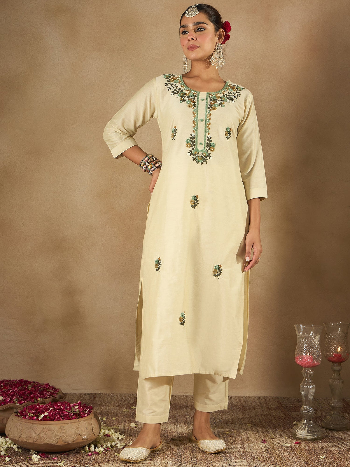 Indo Era Cream Embroidered Straight Kurta Trousers With Dupatta Set | Grocsy