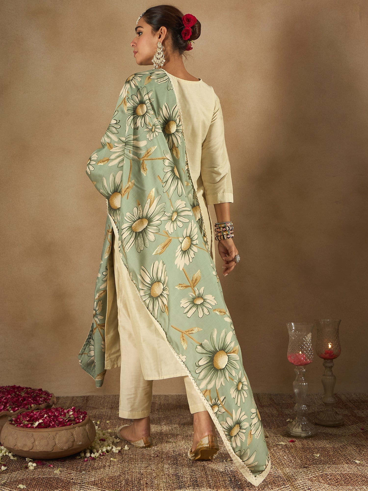 Indo Era Cream Embroidered Straight Kurta Trousers With Dupatta Set | Grocsy