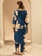 Indo Era Teal Printed Straight Kurta Trousers Set | Grocsy