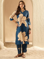 Indo Era Teal Printed Straight Kurta Trousers Set | Grocsy