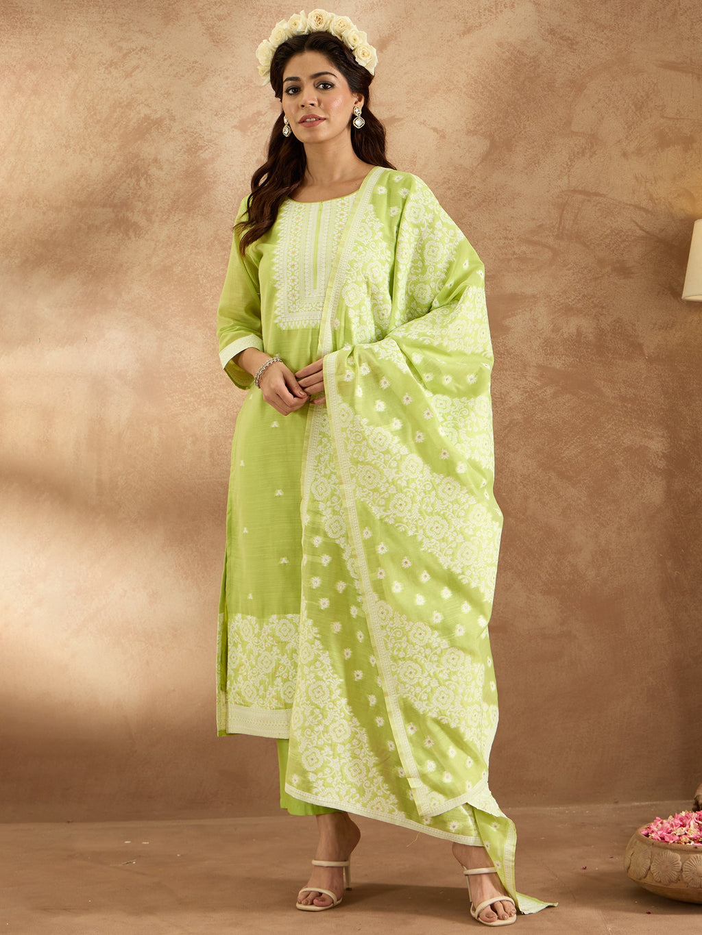 Indo Era Green Woven Design Straight Kurta Trousers With Dupatta set | Grocsy