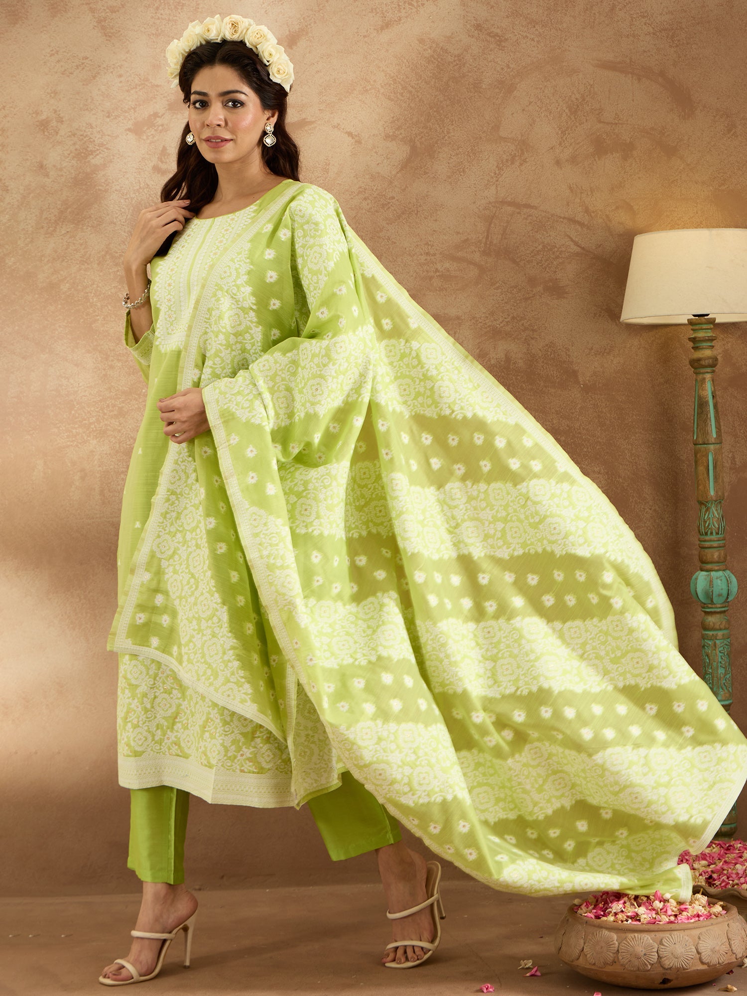 Indo Era Green Woven Design Straight Kurta Trousers With Dupatta set | Grocsy