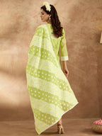 Indo Era Green Woven Design Straight Kurta Trousers With Dupatta set | Grocsy