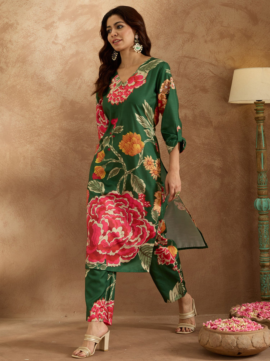 Indo Era Green Printed Straight Kurta Trousers Set | Grocsy