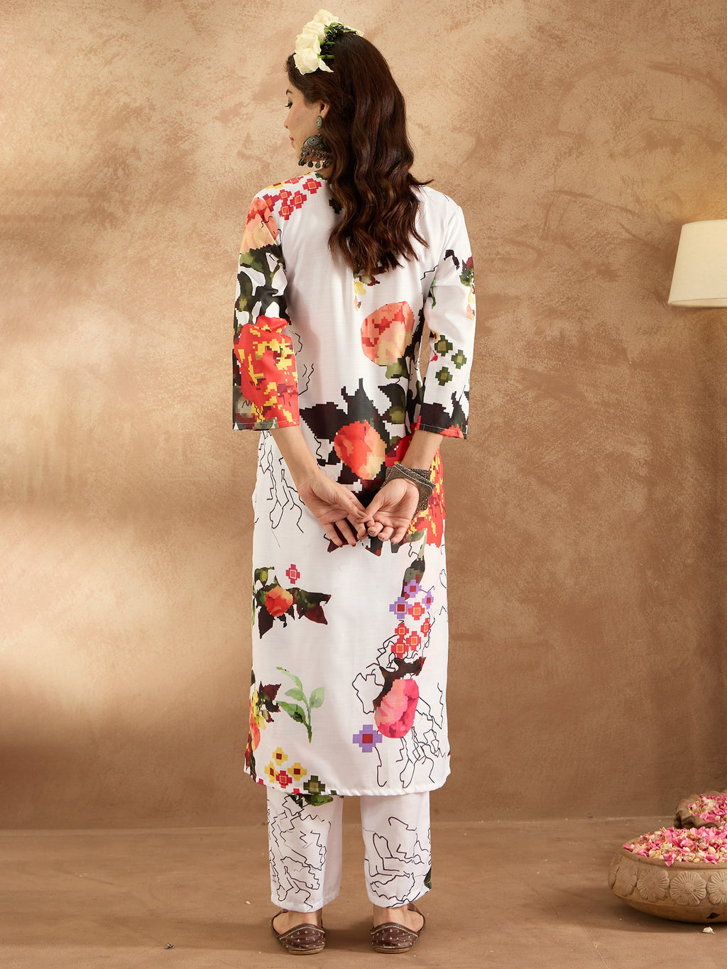 Indo Era White Printed Straight Kurta Trousers Set | Grocsy