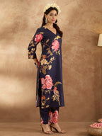 Indo Era Navy Blue Printed Straight Kurta Trousers Set | Grocsy