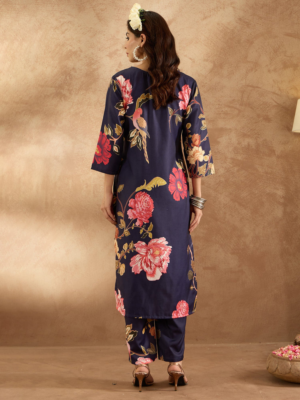 Indo Era Navy Blue Printed Straight Kurta Trousers Set | Grocsy