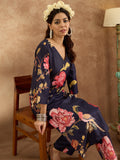 Indo Era Navy Blue Printed Straight Kurta Trousers Set | Grocsy