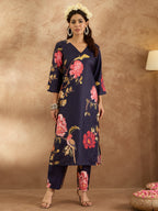 Indo Era Navy Blue Printed Straight Kurta Trousers Set | Grocsy