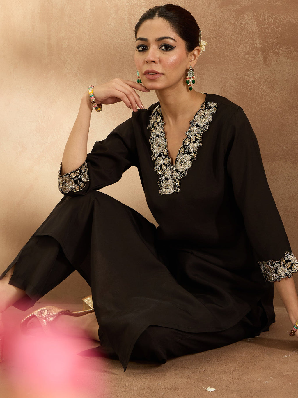 Indo Era Black Embroidered Straight Kurta Trousers Set | Grocsy