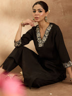 Indo Era Black Embroidered Straight Kurta Trousers Set | Grocsy