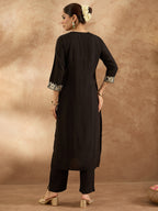 Indo Era Black Embroidered Straight Kurta Trousers Set | Grocsy