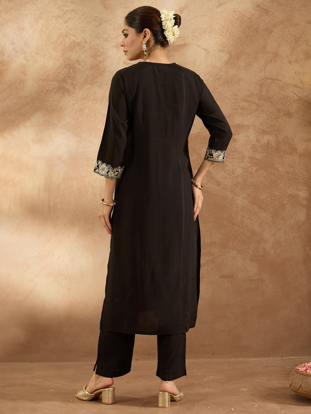Indo Era Black Embroidered Straight Kurta Trousers Set | Grocsy