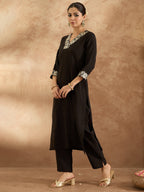 Indo Era Black Embroidered Straight Kurta Trousers Set | Grocsy