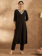 Indo Era Black Embroidered Straight Kurta Trousers Set | Grocsy